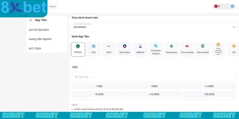 Hướng dẫn quy trình nạp tiền 8xbet thông qua chuyển khoản ngân hàng